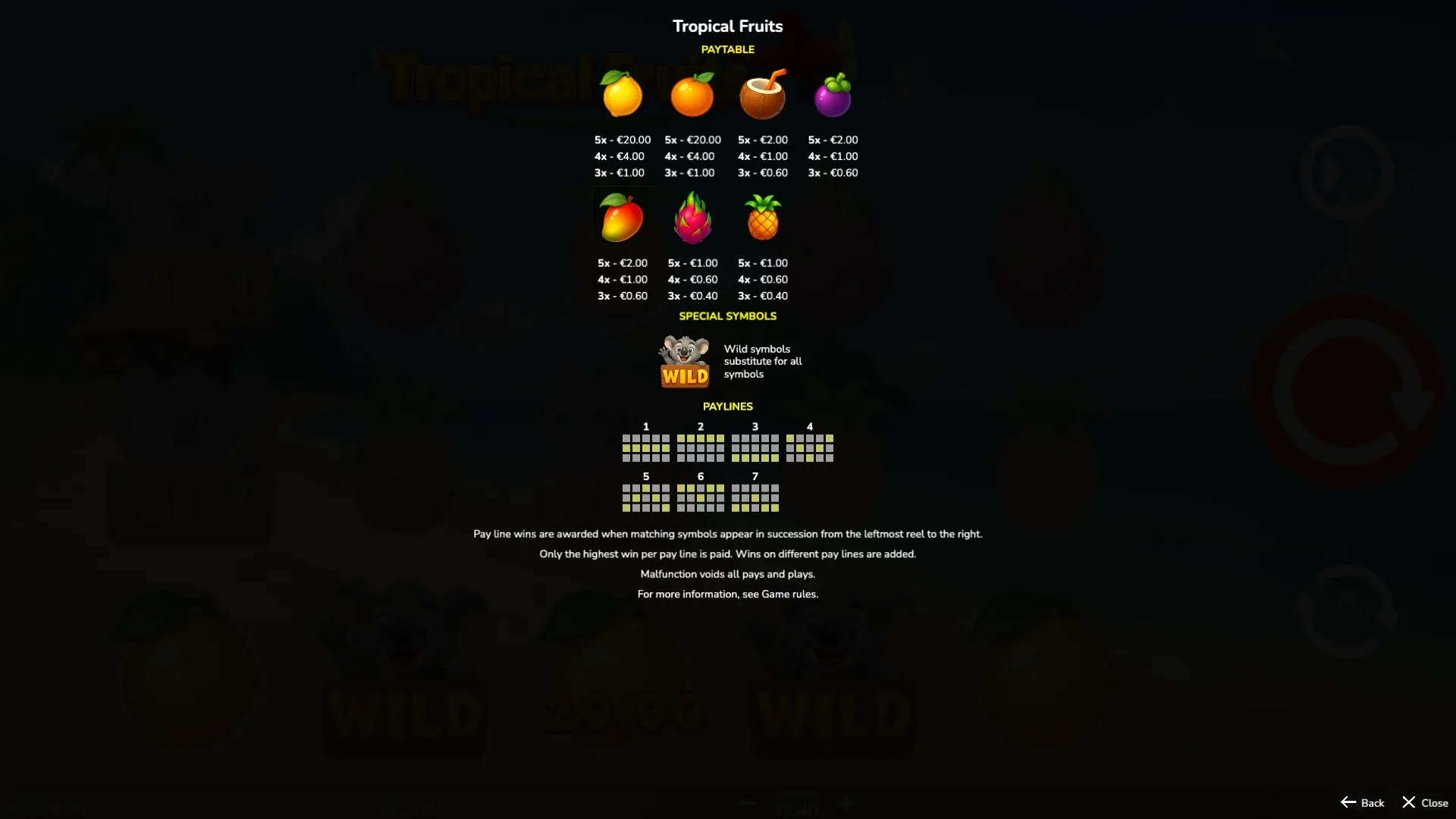 Screenshot: paytable